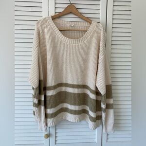 By Together Striped Cream and Greenish Taupe Women's Crewneck Sweater Medium